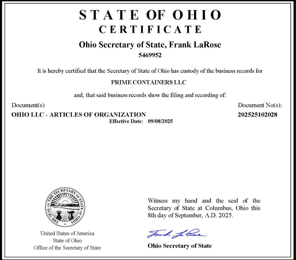 Ohio Certificate of Organization - Prime Containers LLC